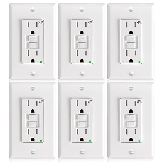 Amico 6 Pack GFCI Outlet 15 Amp with Thinner Design, Weather Resistant (WR), Self-Test GFI Receptacles with LED Indicator, Wall Plates and Screws Included, Indoor or Outdoor, ETL Listed, White