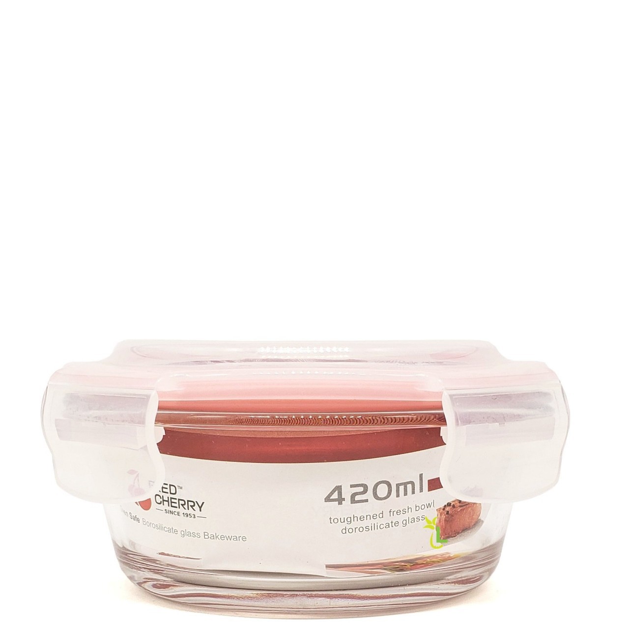 RED CHERRY RND GL SNAP LID BOWL 420ml