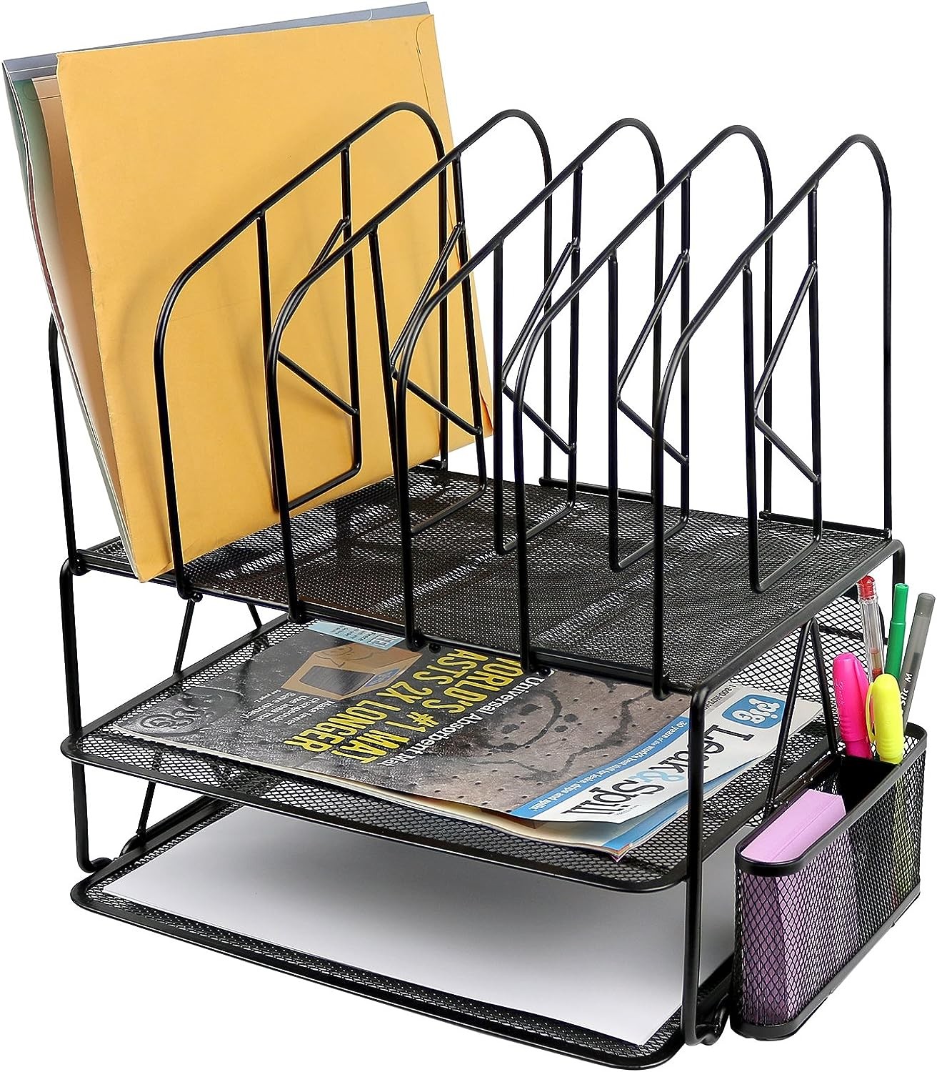 Greenco Mesh 2 Tier Desk File Organizer Shelves with 5 File Sorter Sections, Black