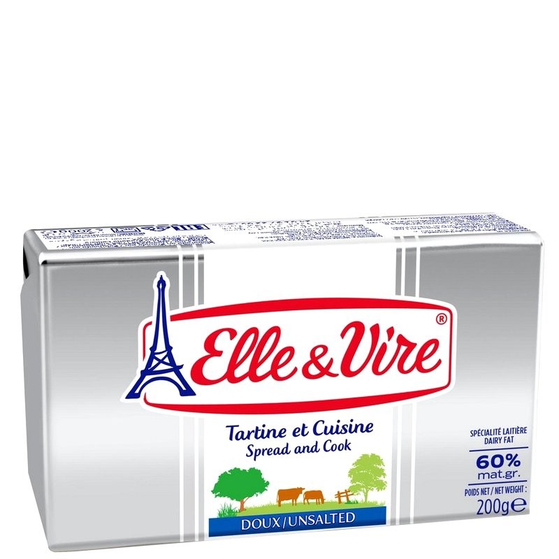 ELLE & VIRE BUTTER UNSALTED 60% FAT 200g