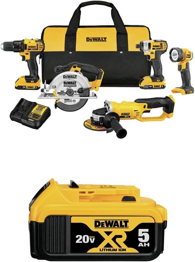 DEWALT DCK521D2 20V MAX* Compact 5-Tool Combo Kit with DCB205 20V MAX XR 5.0Ah Lithium Ion Battery-Pack
