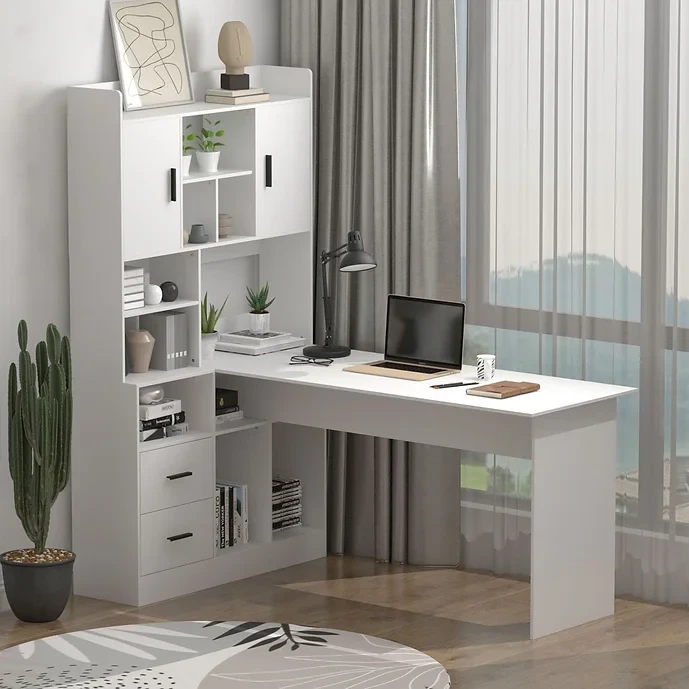 FOGUID Corner Desk with Hutch Shelves Drawers White