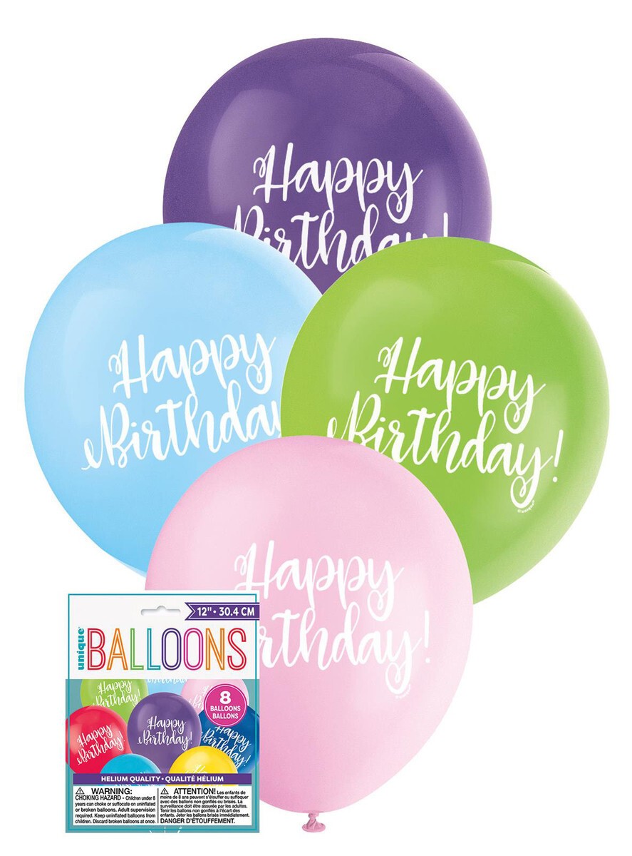 Happy Birthday Latex Balloons - Assorted Colours 8pk
