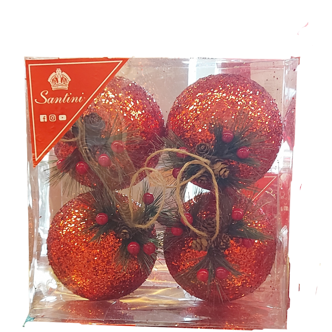 X-Mas Balls w/ Pine Cone, Red, 4ct