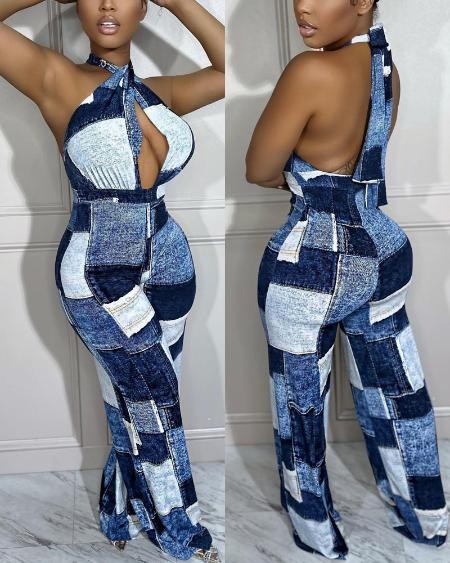 Denim Look Print Halter Backless Jumpsuit