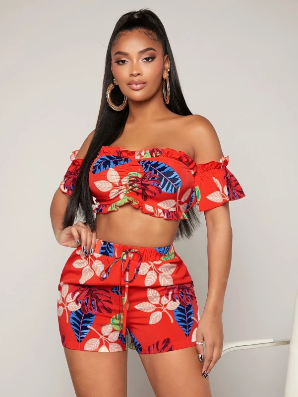 Tropical Print Frill Trim Off Shoulder Crop Top & Tie Front Shorts