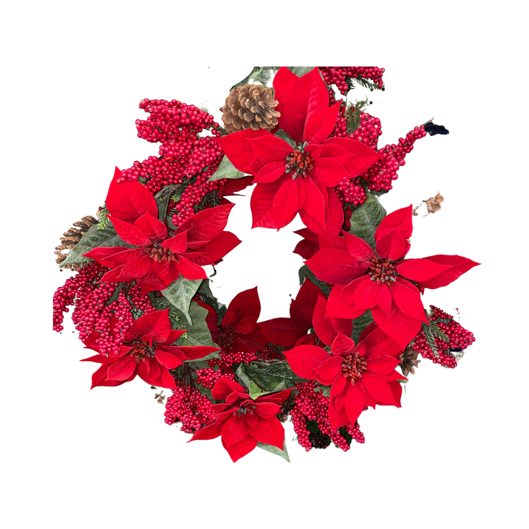 Red Berry Ponsetia Wreath 77CM