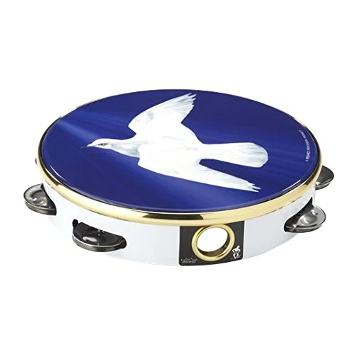 Remo Tambourine, 10 Diameter, 8 Pairs Jingles x 2 Rows, 'Religous Dove' Graphic
