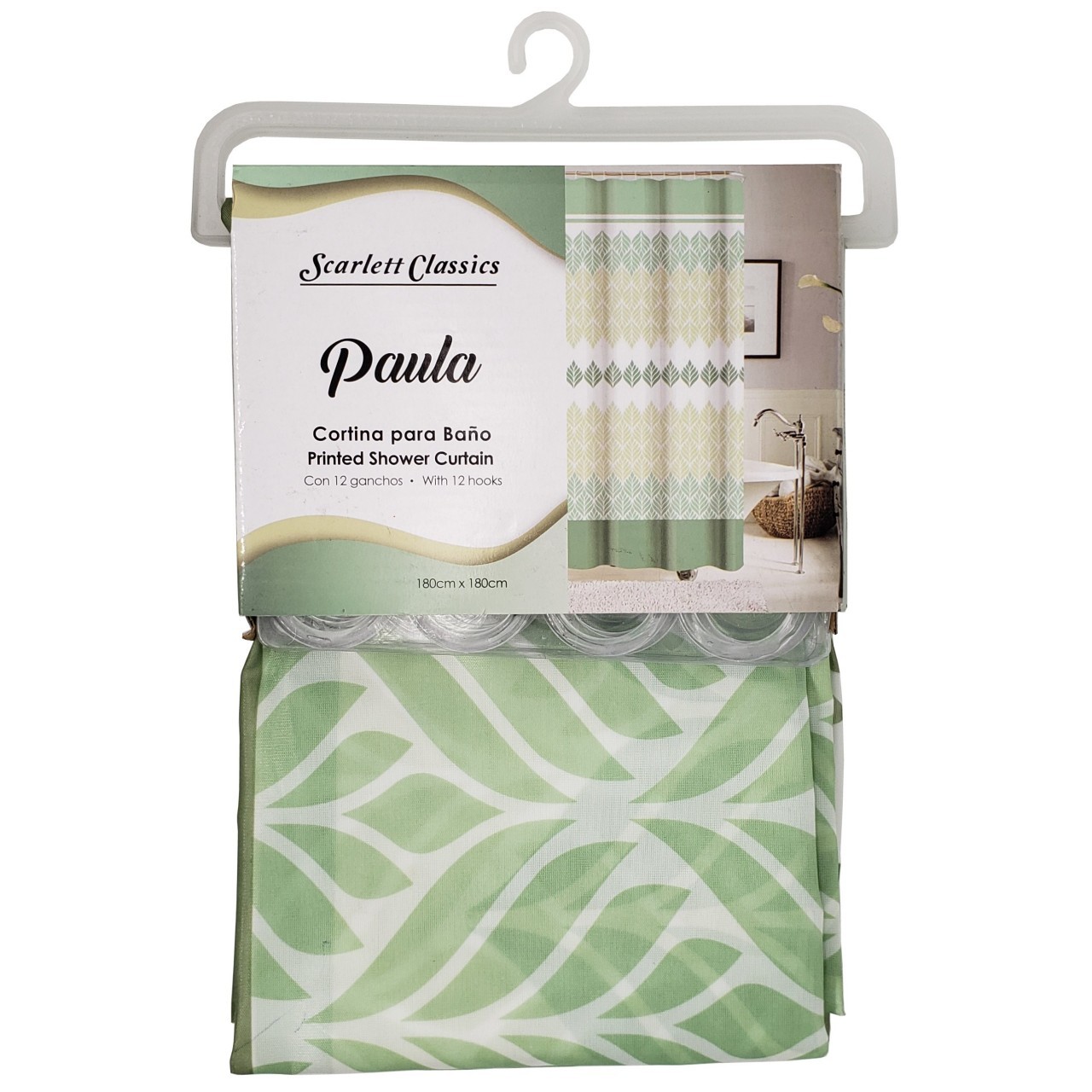 SCARLETT SHOWER CURTAIN GRN LEAV 180x180