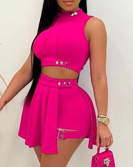Sleeveless Crop Top & Buckled Skorts Set