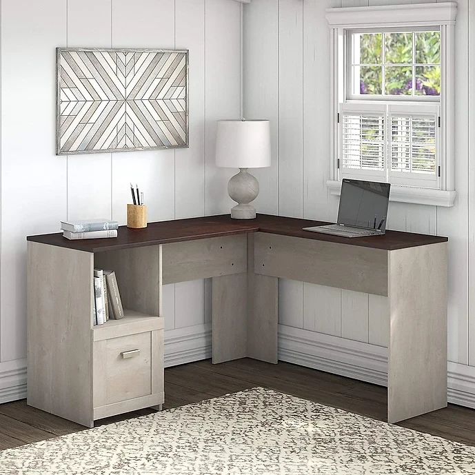 Bush Furniture Townhill 54 W L Shaped Desk in Washed Gray and Madison Cherry