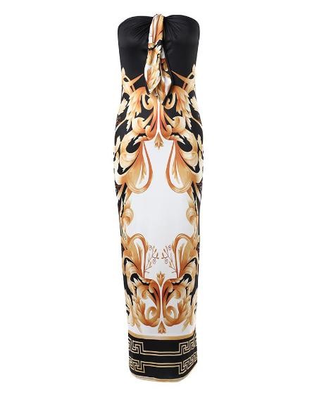 Baroque Print Bandeau Knotted Maxi Dress