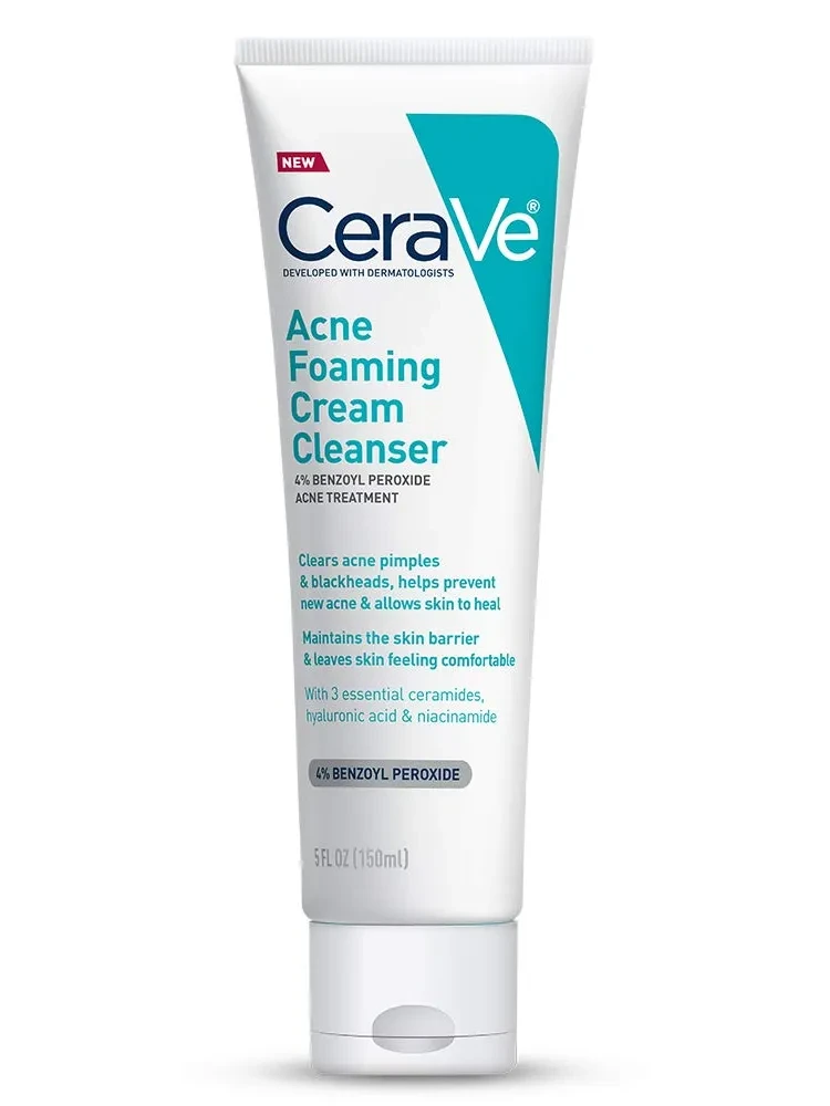 CeraVe Acne Foaming Cream Cleanser | Acne Treatment Face Wash with 4% Benzoyl Peroxide, Hyaluronic Acid, and Niacinamide | Cream to Foam Formula | 5 Oz