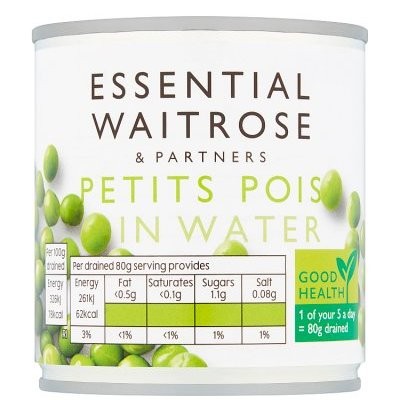 WAITROSE PETITS POIS IN WATER 400g