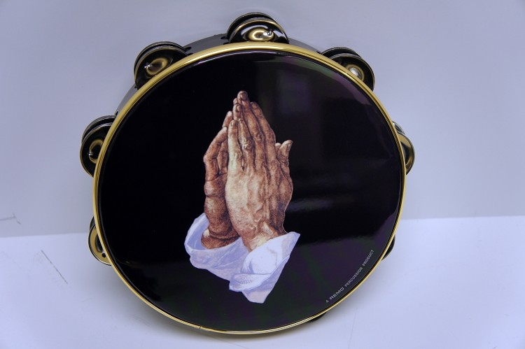 Remo Tambourine, 8" Diameter, 8 Pairs Jingles x 2 Rows, 'Praying Hands' Graphic