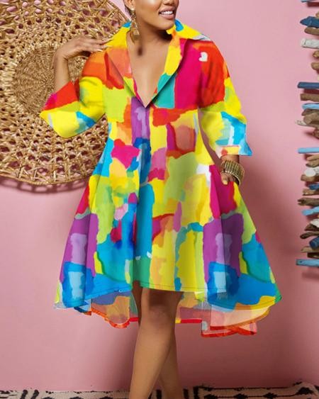 Plus Size Melting Colors All-over Print Flowy Shirt Dress